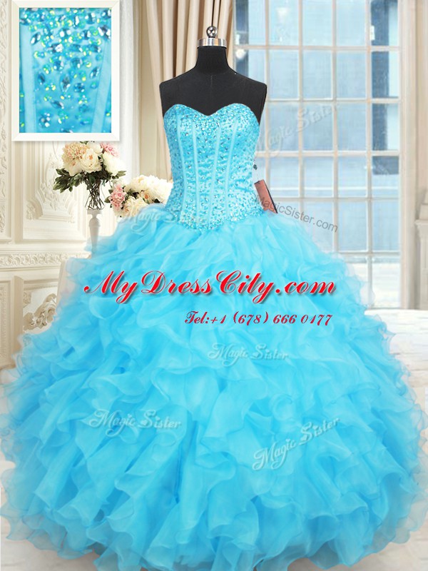 Ruffled Floor Length Aqua Blue 15 Quinceanera Dress Sweetheart Sleeveless Lace Up