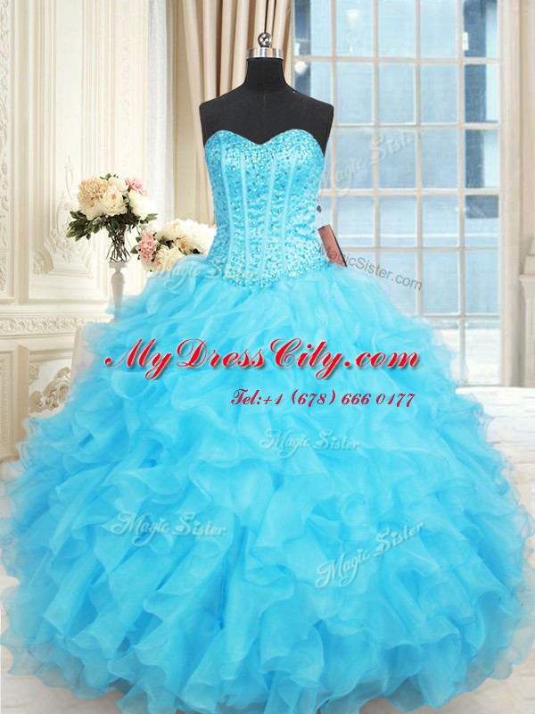 Ruffled Floor Length Aqua Blue 15 Quinceanera Dress Sweetheart Sleeveless Lace Up