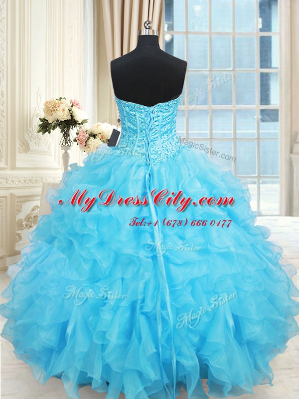 Ruffled Floor Length Aqua Blue 15 Quinceanera Dress Sweetheart Sleeveless Lace Up