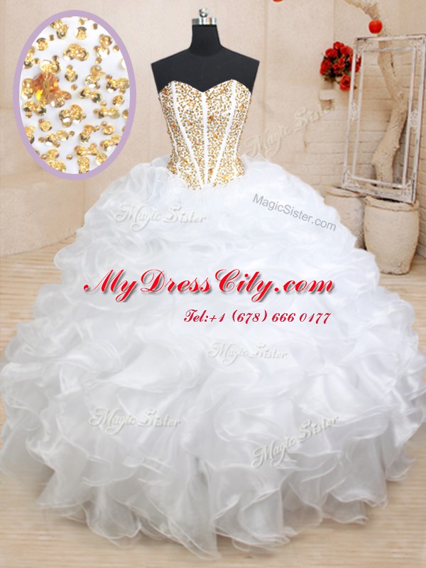 Romantic White Sweetheart Neckline Beading and Ruffles Quinceanera Dress Sleeveless Lace Up