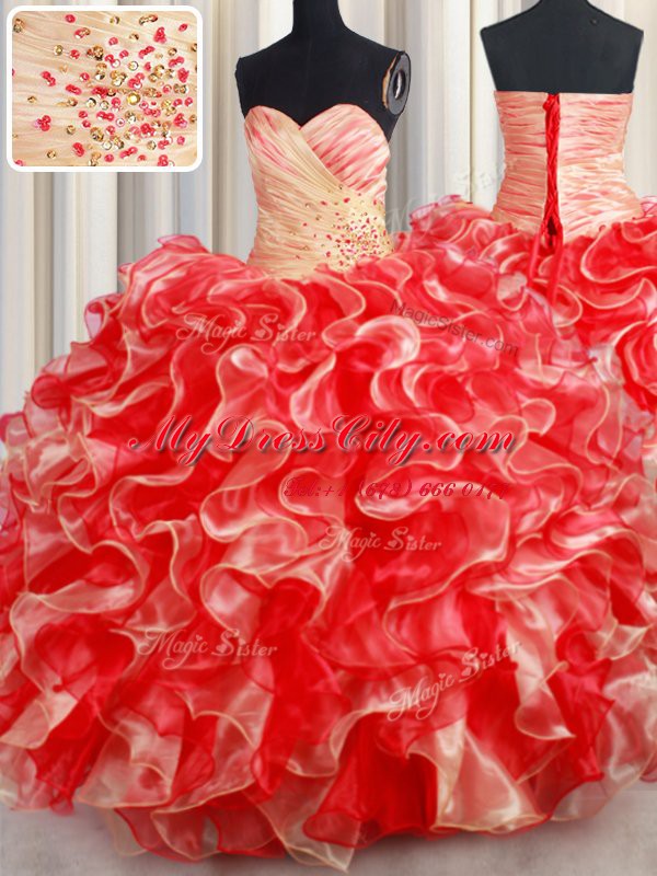 Beauteous Multi-color Lace Up Quinceanera Gown Beading and Ruffles Sleeveless Floor Length