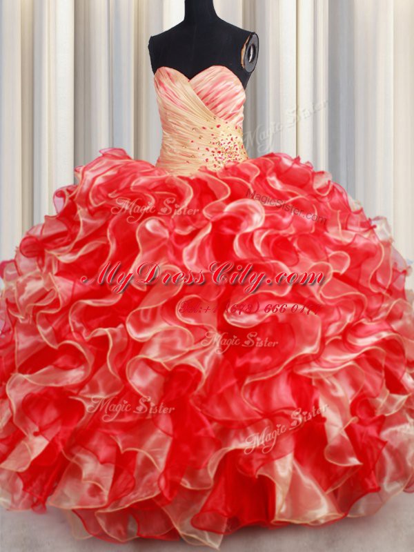 Beauteous Multi-color Lace Up Quinceanera Gown Beading and Ruffles Sleeveless Floor Length