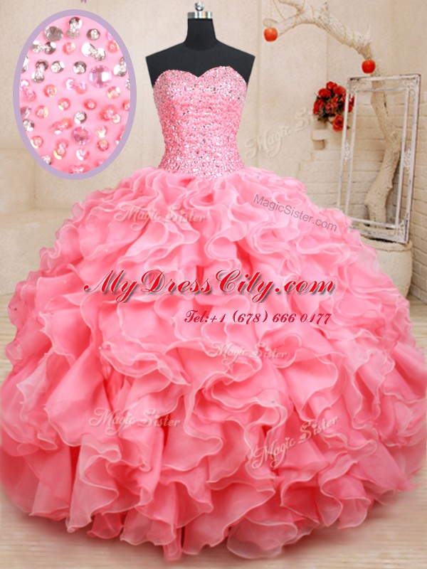 Pink Sweetheart Lace Up Beading and Ruffles Quinceanera Dresses Sleeveless