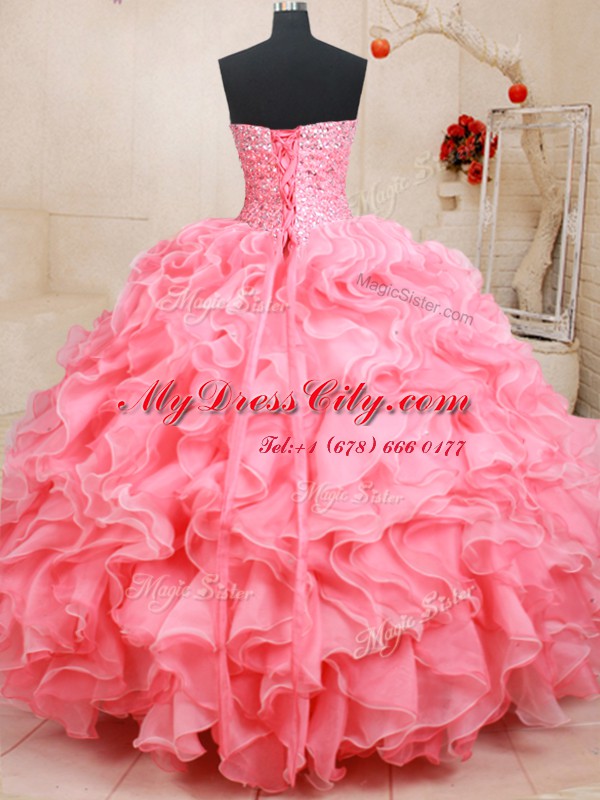 Pink Sweetheart Lace Up Beading and Ruffles Quinceanera Dresses Sleeveless