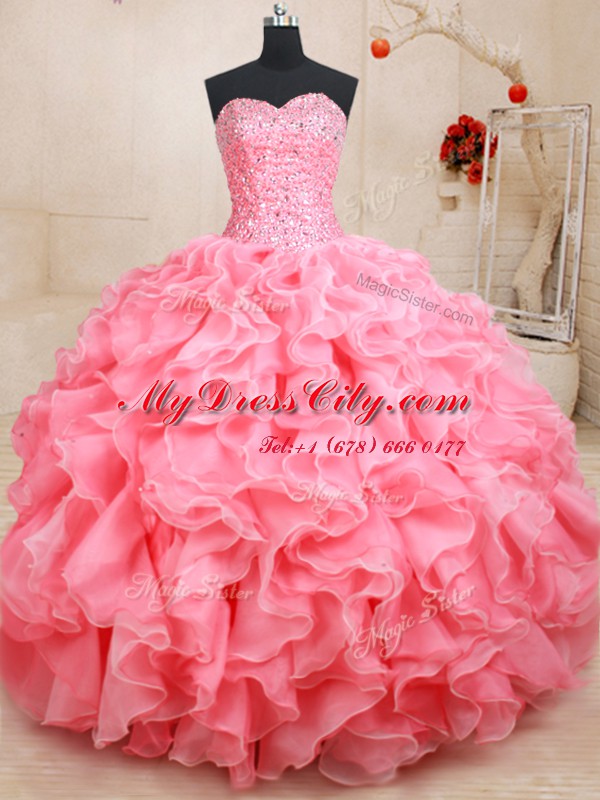 Pink Sweetheart Lace Up Beading and Ruffles Quinceanera Dresses Sleeveless