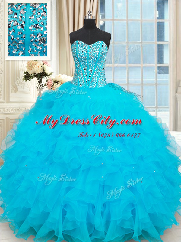 Sumptuous Sweetheart Sleeveless Ball Gown Prom Dress Floor Length Beading and Ruffles Baby Blue Organza