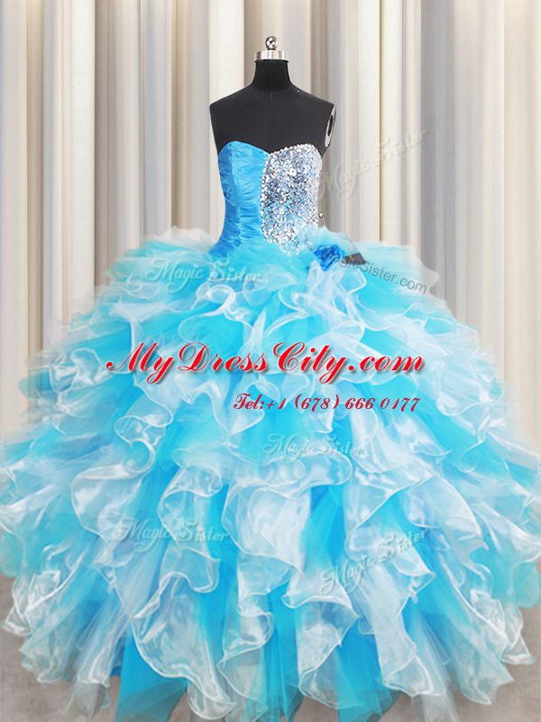 Adorable Blue And White Organza Lace Up Quinceanera Gown Sleeveless Floor Length Ruffles and Sequins