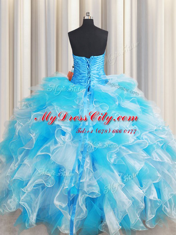 Adorable Blue And White Organza Lace Up Quinceanera Gown Sleeveless Floor Length Ruffles and Sequins