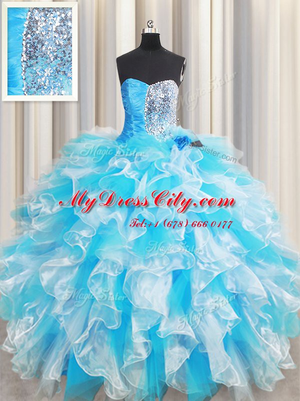 Adorable Blue And White Organza Lace Up Quinceanera Gown Sleeveless Floor Length Ruffles and Sequins