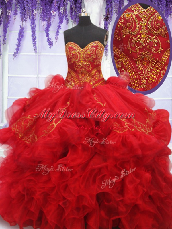 Customized Red Sleeveless Brush Train Beading and Embroidery and Ruffles With Train 15 Quinceanera Dress