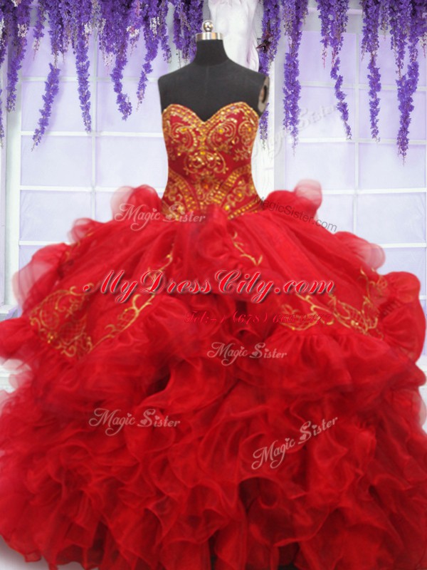 Customized Red Sleeveless Brush Train Beading and Embroidery and Ruffles With Train 15 Quinceanera Dress