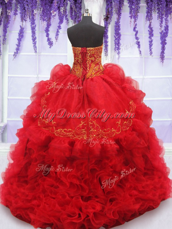 Customized Red Sleeveless Brush Train Beading and Embroidery and Ruffles With Train 15 Quinceanera Dress