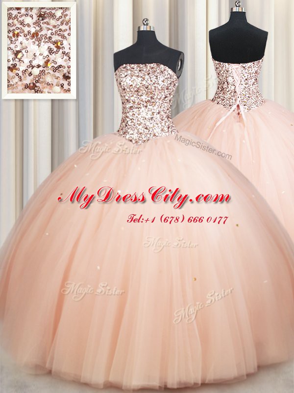 Strapless Sleeveless Sweet 16 Quinceanera Dress Floor Length Beading Peach Tulle