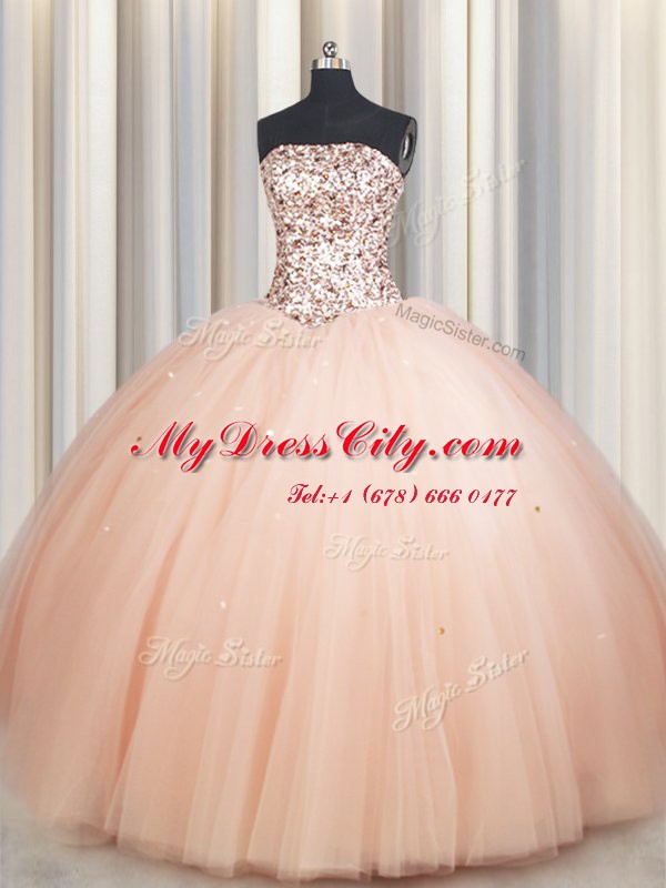 Strapless Sleeveless Sweet 16 Quinceanera Dress Floor Length Beading Peach Tulle