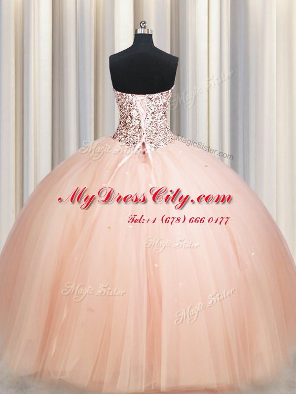 Strapless Sleeveless Sweet 16 Quinceanera Dress Floor Length Beading Peach Tulle