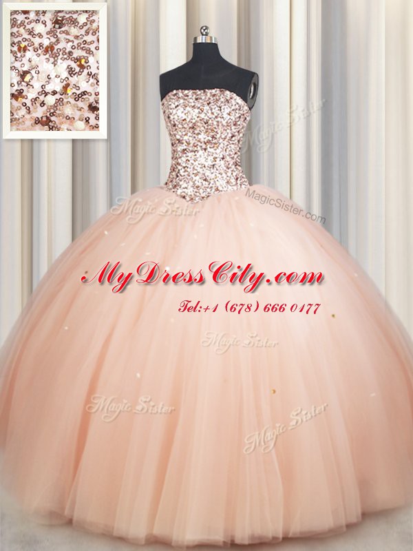 Strapless Sleeveless Sweet 16 Quinceanera Dress Floor Length Beading Peach Tulle