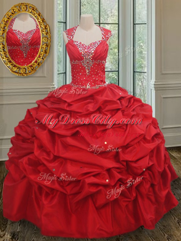 Red Taffeta Lace Up Straps Cap Sleeves Floor Length Sweet 16 Dresses Beading and Pick Ups