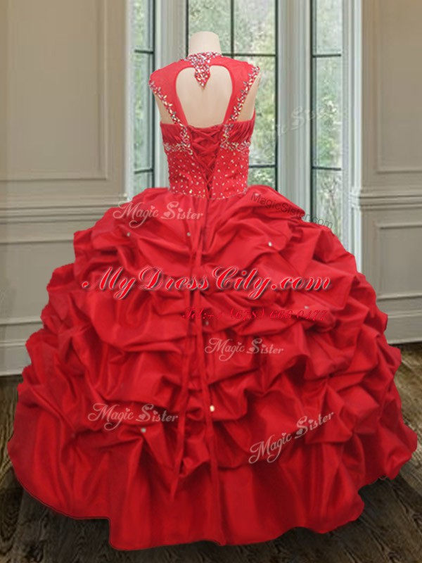 Red Taffeta Lace Up Straps Cap Sleeves Floor Length Sweet 16 Dresses Beading and Pick Ups