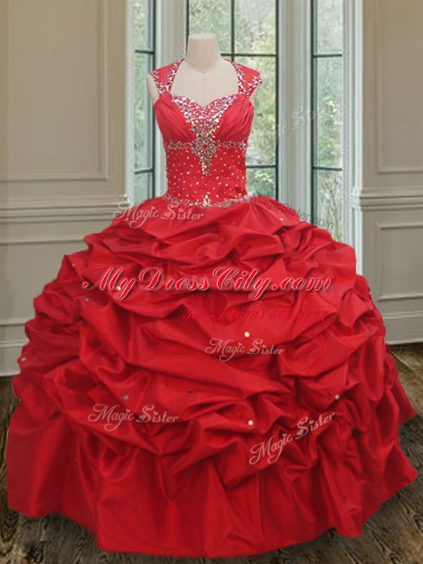 Red Taffeta Lace Up Straps Cap Sleeves Floor Length Sweet 16 Dresses Beading and Pick Ups