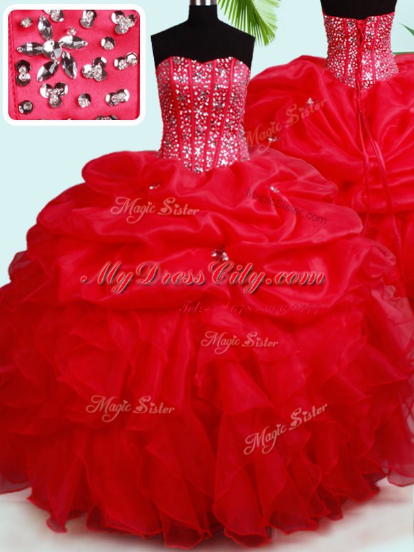 Elegant Floor Length Lace Up Quinceanera Dresses Red for Military Ball and Sweet 16 and Quinceanera with Beading and Ruffles and Pick Ups