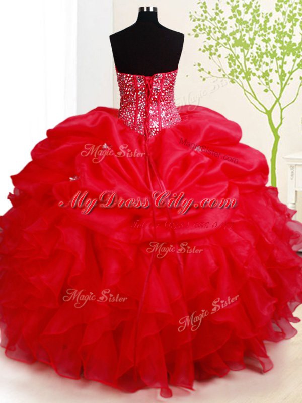 Elegant Floor Length Lace Up Quinceanera Dresses Red for Military Ball and Sweet 16 and Quinceanera with Beading and Ruffles and Pick Ups