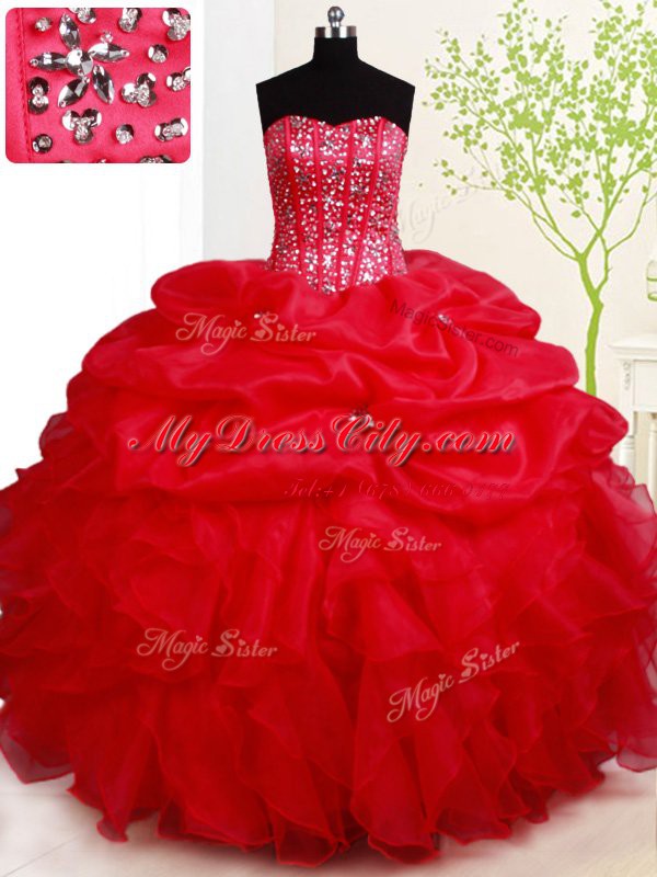 Elegant Floor Length Lace Up Quinceanera Dresses Red for Military Ball and Sweet 16 and Quinceanera with Beading and Ruffles and Pick Ups