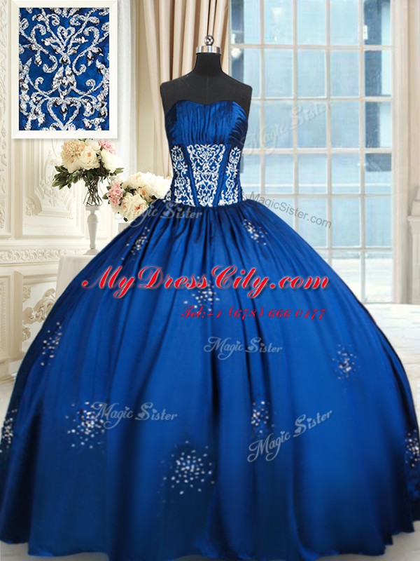 High End Floor Length Royal Blue Quinceanera Dress Taffeta Sleeveless Beading