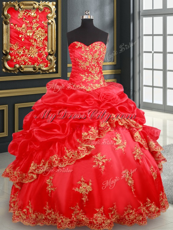 Red Ball Gowns Sweetheart Sleeveless Satin and Organza Floor Length Lace Up Beading and Appliques and Pick Ups Vestidos de Quinceanera