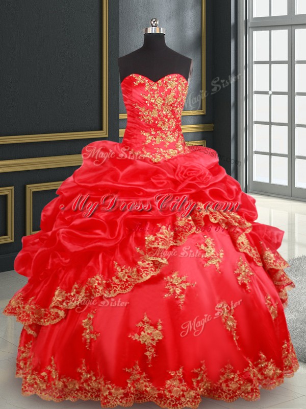 Red Ball Gowns Sweetheart Sleeveless Satin and Organza Floor Length Lace Up Beading and Appliques and Pick Ups Vestidos de Quinceanera