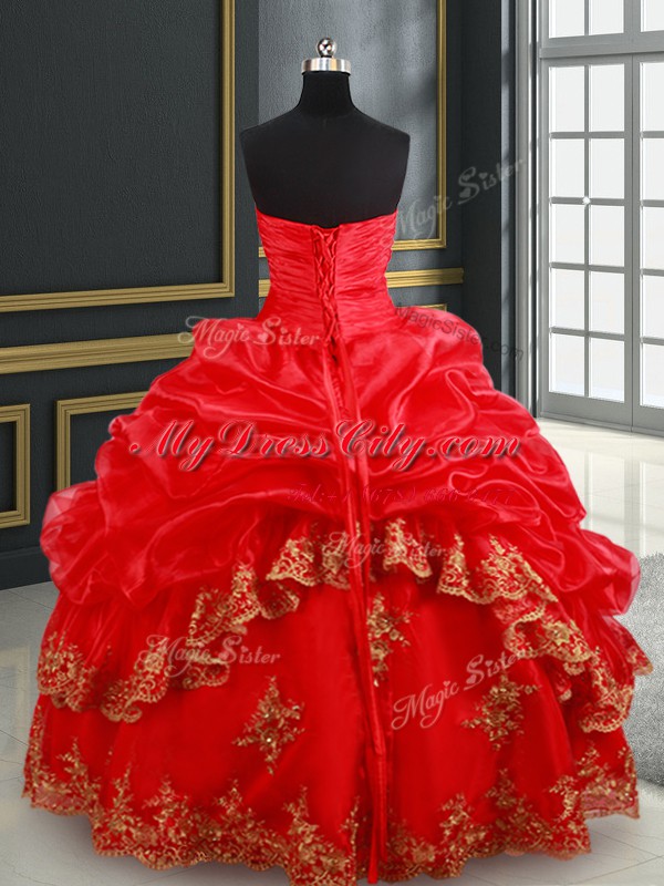 Red Ball Gowns Sweetheart Sleeveless Satin and Organza Floor Length Lace Up Beading and Appliques and Pick Ups Vestidos de Quinceanera