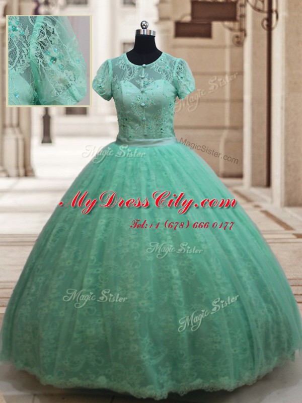 Smart Apple Green Ball Gown Prom Dress Military Ball and Sweet 16 and Quinceanera and For with Lace Scoop Short Sleeves Zipper