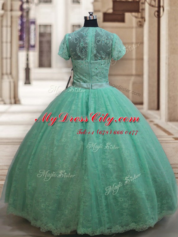 Smart Apple Green Ball Gown Prom Dress Military Ball and Sweet 16 and Quinceanera and For with Lace Scoop Short Sleeves Zipper