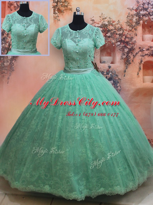 Smart Apple Green Ball Gown Prom Dress Military Ball and Sweet 16 and Quinceanera and For with Lace Scoop Short Sleeves Zipper