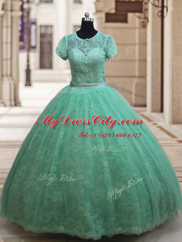 Smart Apple Green Ball Gown Prom Dress Military Ball and Sweet 16 and Quinceanera and For with Lace Scoop Short Sleeves Zipper