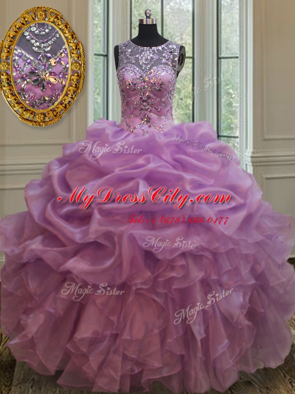 Charming Scoop See Through Floor Length Lace Up Vestidos de Quinceanera Lilac for Military Ball and Sweet 16 and Quinceanera with Beading and Ruffles