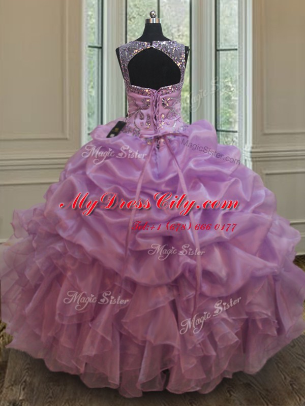 Charming Scoop See Through Floor Length Lace Up Vestidos de Quinceanera Lilac for Military Ball and Sweet 16 and Quinceanera with Beading and Ruffles