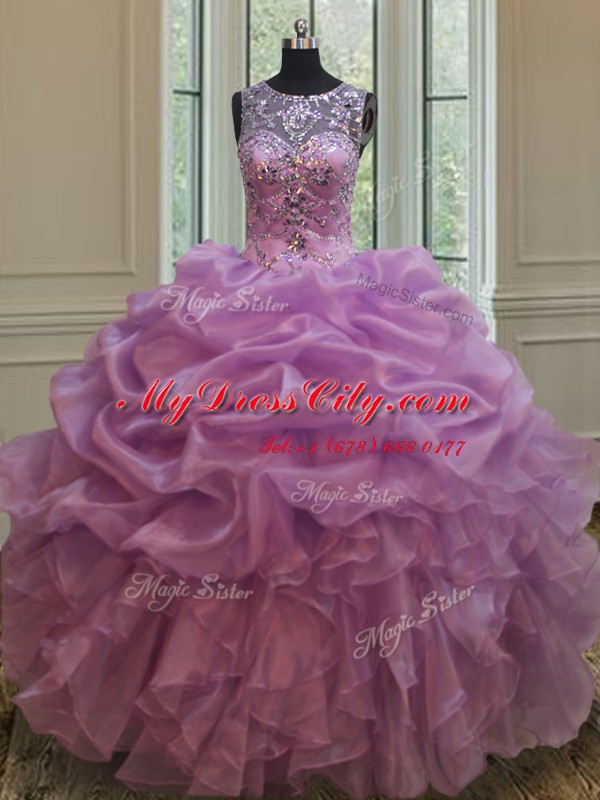 Charming Scoop See Through Floor Length Lace Up Vestidos de Quinceanera Lilac for Military Ball and Sweet 16 and Quinceanera with Beading and Ruffles