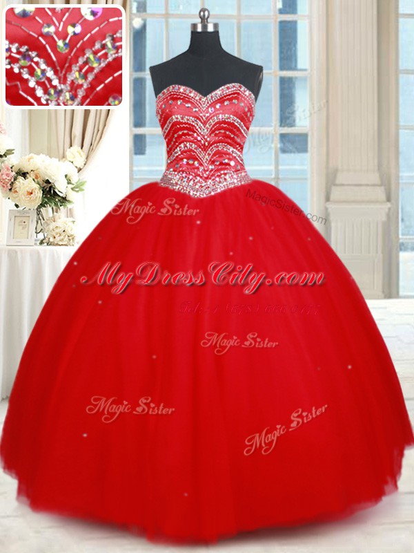 Shining Red Tulle Lace Up Quinceanera Gowns Sleeveless Floor Length Beading