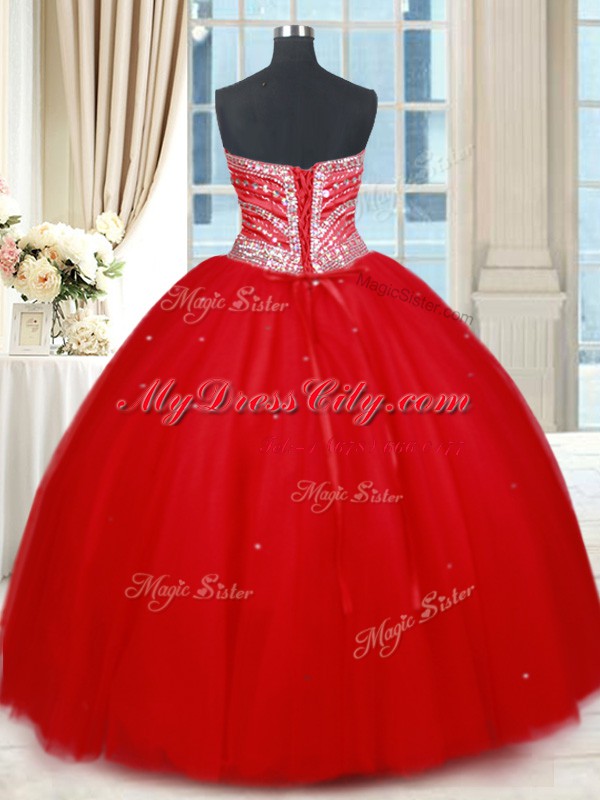 Shining Red Tulle Lace Up Quinceanera Gowns Sleeveless Floor Length Beading