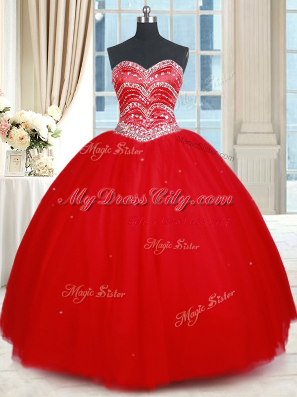 Shining Red Tulle Lace Up Quinceanera Gowns Sleeveless Floor Length Beading