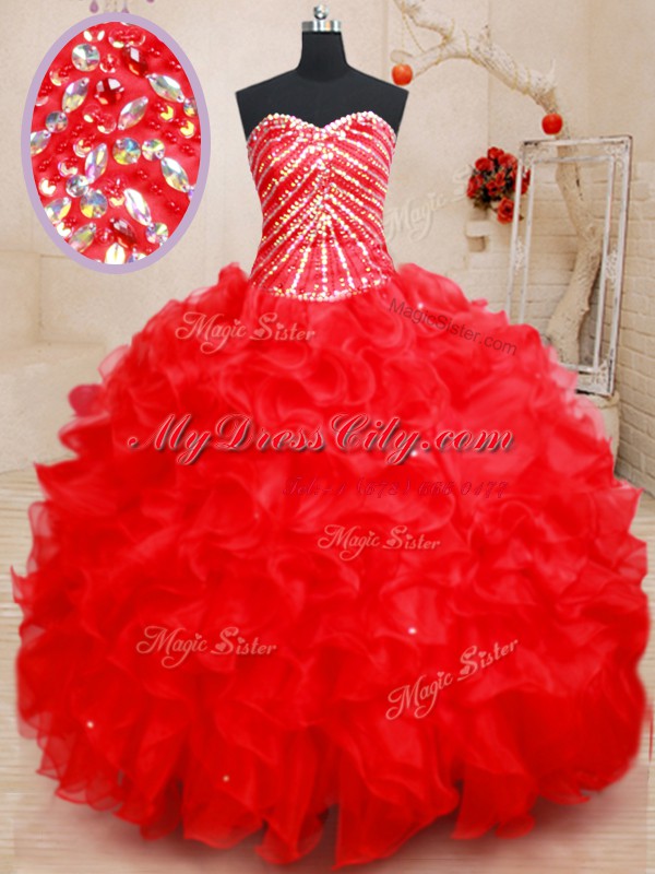 Chic Sweetheart Sleeveless Organza Sweet 16 Dresses Beading and Ruffles Lace Up