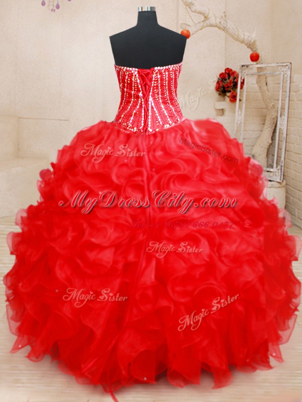 Chic Sweetheart Sleeveless Organza Sweet 16 Dresses Beading and Ruffles Lace Up