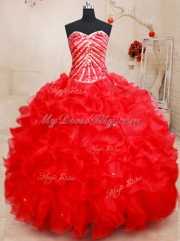 Chic Sweetheart Sleeveless Organza Sweet 16 Dresses Beading and Ruffles Lace Up