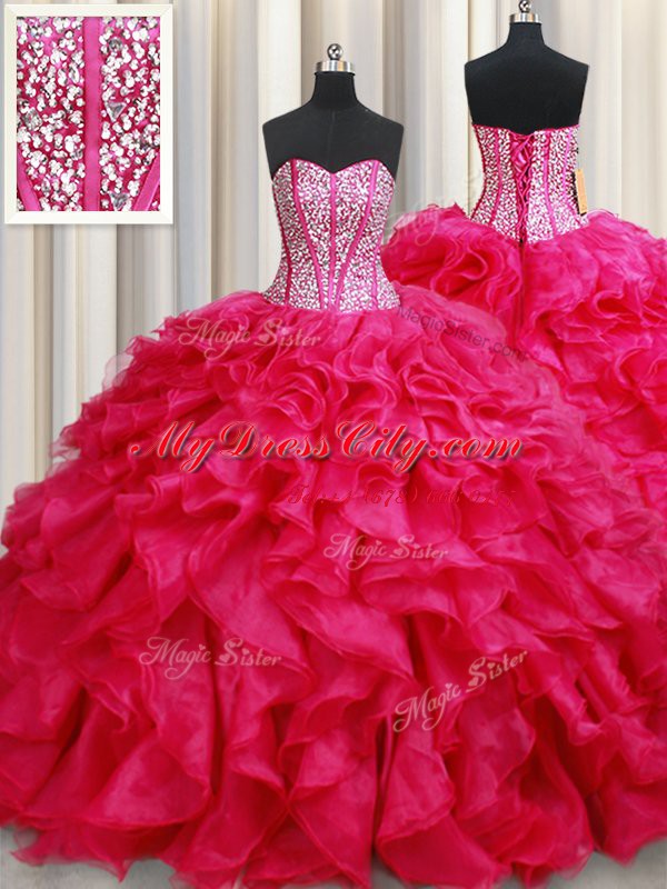 Coral Red Organza Lace Up Sweetheart Sleeveless With Train 15th Birthday Dress Brush Train Beading and Ruffles