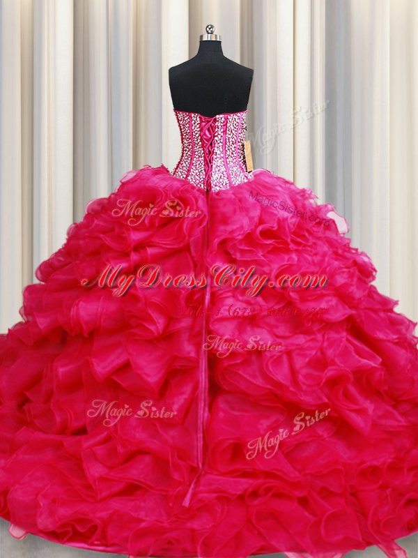 Coral Red Organza Lace Up Sweetheart Sleeveless With Train 15th Birthday Dress Brush Train Beading and Ruffles