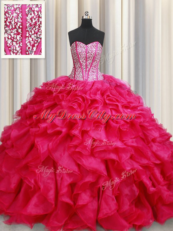 Coral Red Organza Lace Up Sweetheart Sleeveless With Train 15th Birthday Dress Brush Train Beading and Ruffles