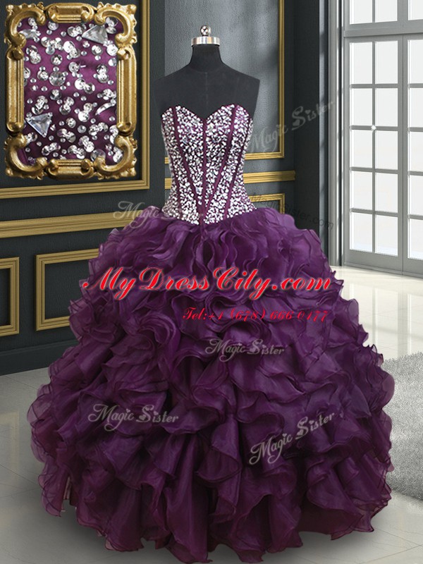 Extravagant Dark Purple Ball Gowns Beading and Ruffles Quinceanera Dress Lace Up Organza Sleeveless Floor Length