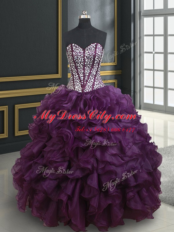 Extravagant Dark Purple Ball Gowns Beading and Ruffles Quinceanera Dress Lace Up Organza Sleeveless Floor Length