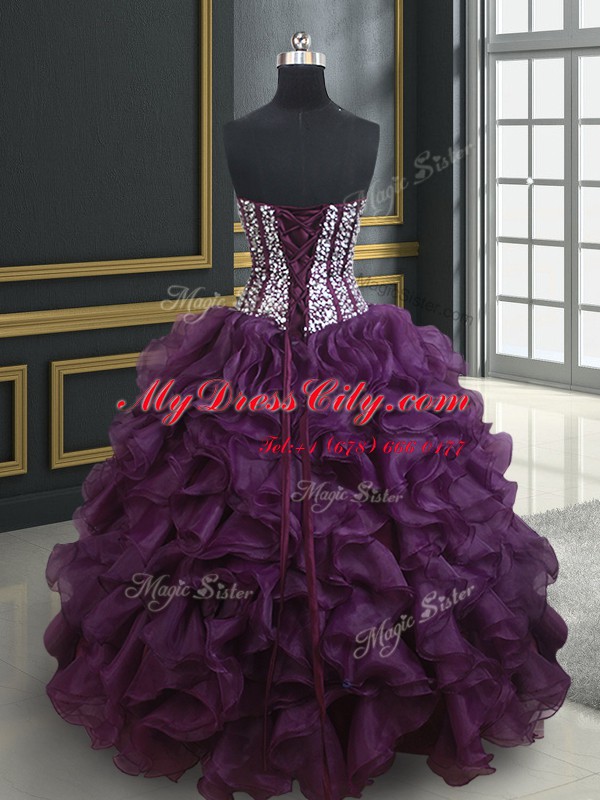 Extravagant Dark Purple Ball Gowns Beading and Ruffles Quinceanera Dress Lace Up Organza Sleeveless Floor Length