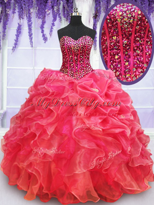 Coral Red Sleeveless Floor Length Beading and Ruffles Lace Up Quince Ball Gowns